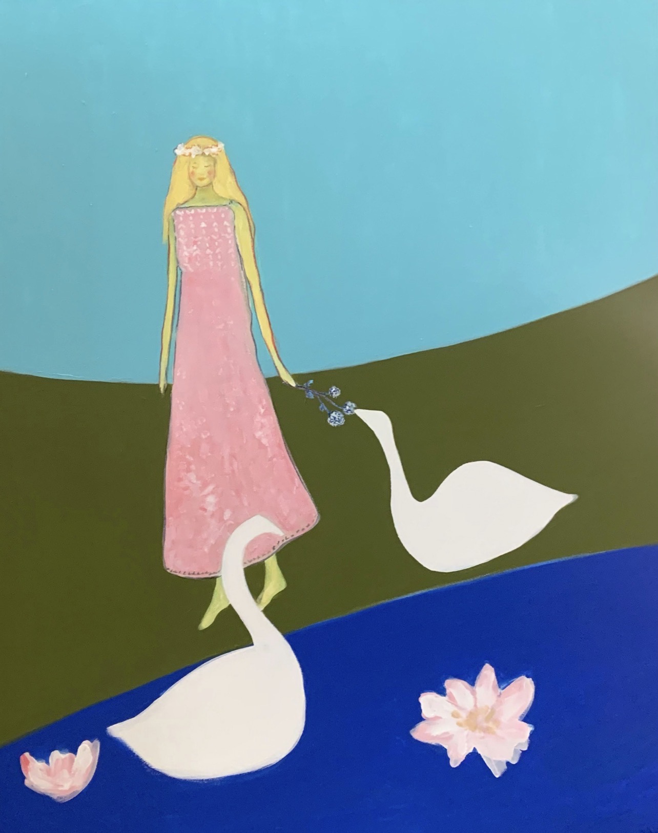 Girl with Swans by Marina Stognieva, acrylic painting on canvas